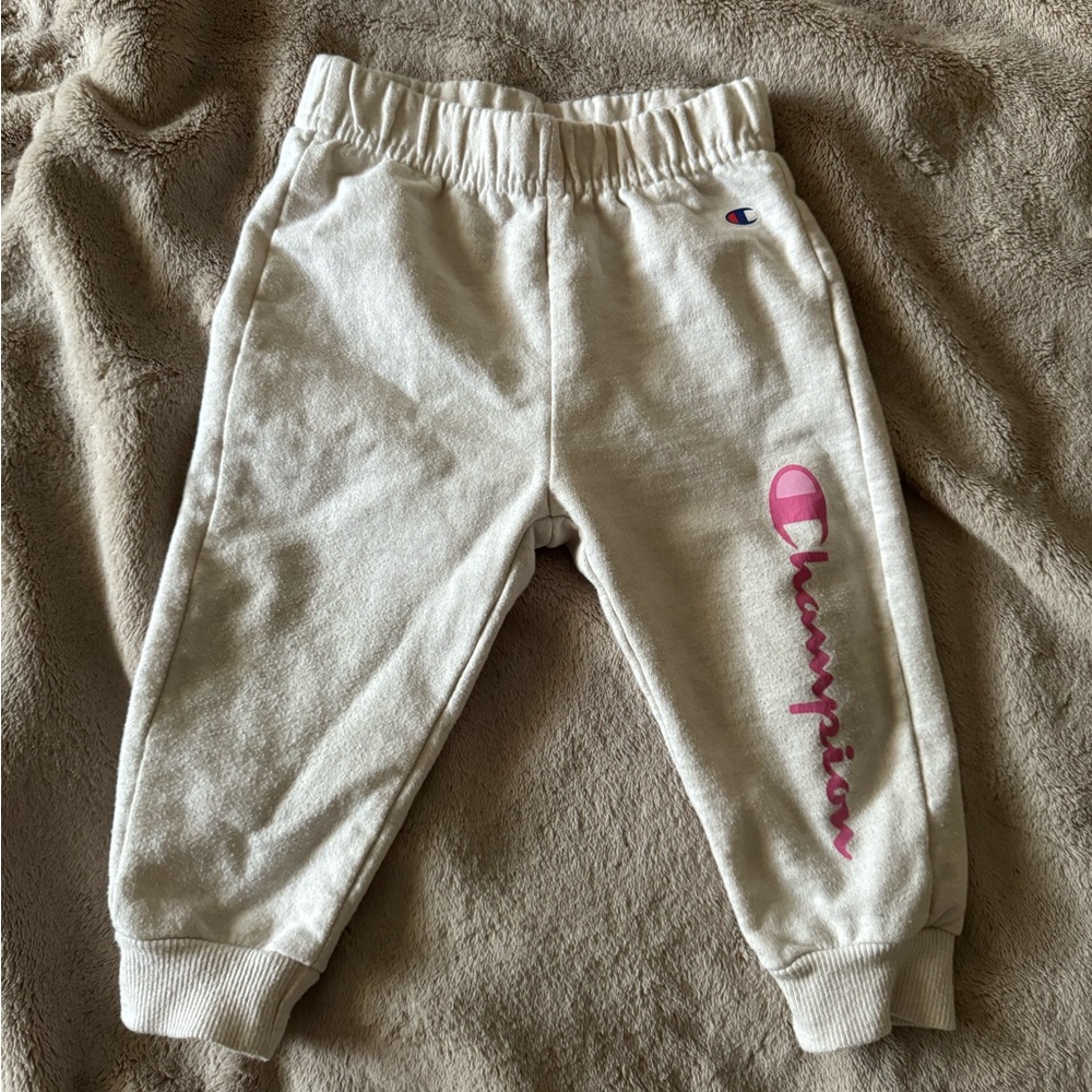 Champion Cream Sweatpants with Pink Logo
